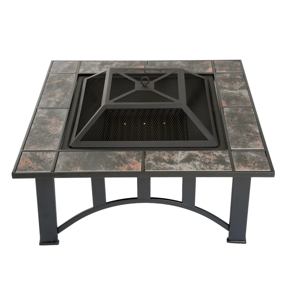 Outdoor Fire Pit table with ceramic tile,Screen, Cover, and Poker (Black)