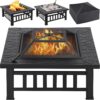 Square fire pit with rock engravings and matte black finish