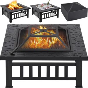 Square fire pit with rock engravings and matte black finish