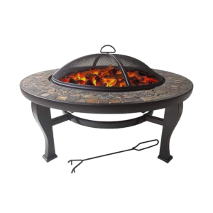 Outdoor fire pit with slate stone top and spark guard